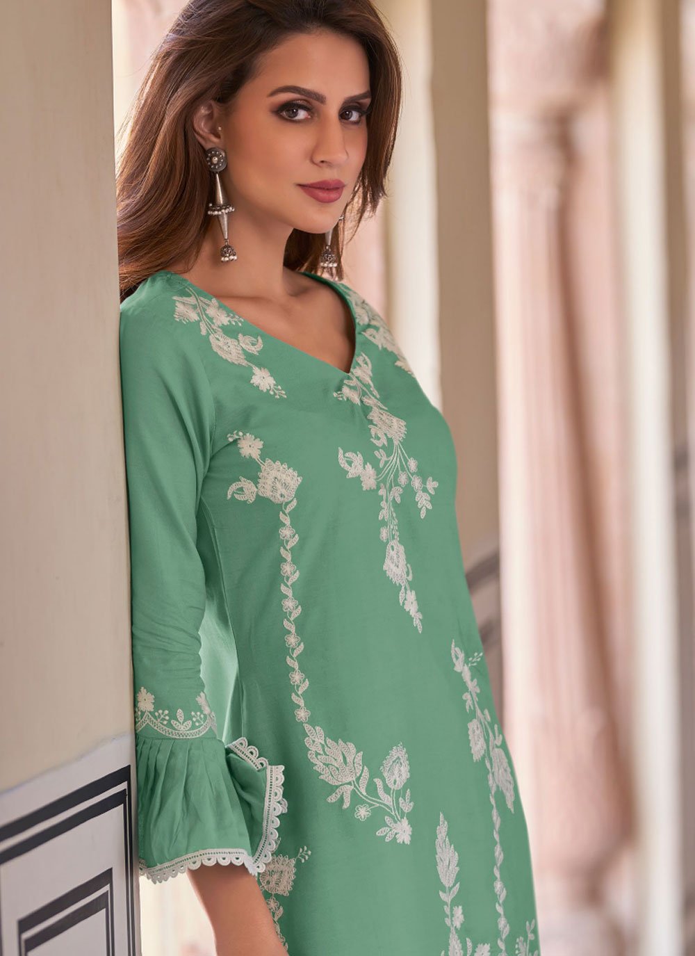 Designer Kurti Rayon Green Embroidered Kurtis