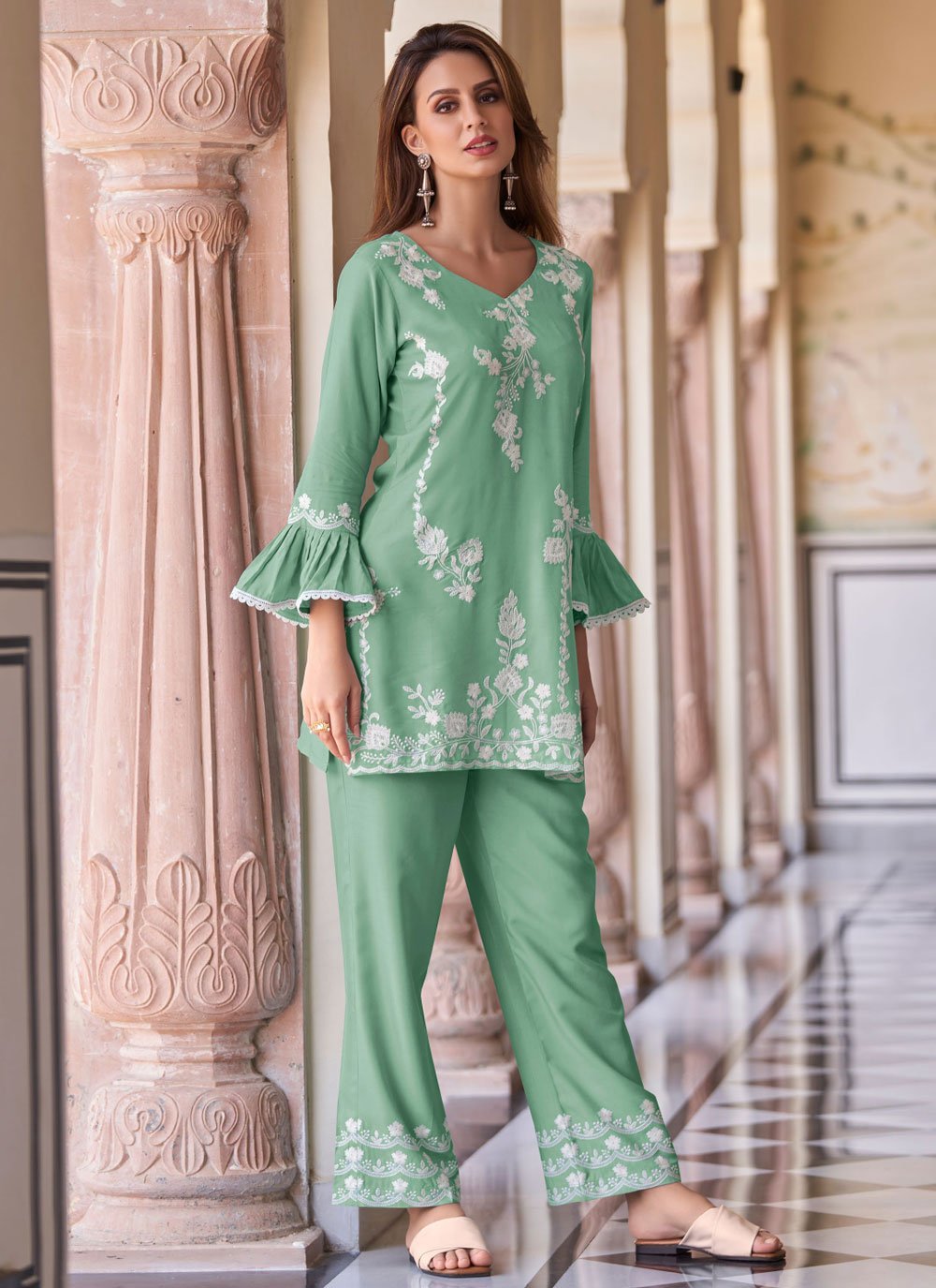 Designer Kurti Rayon Green Embroidered Kurtis