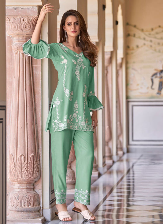 Designer Kurti Rayon Green Embroidered Kurtis