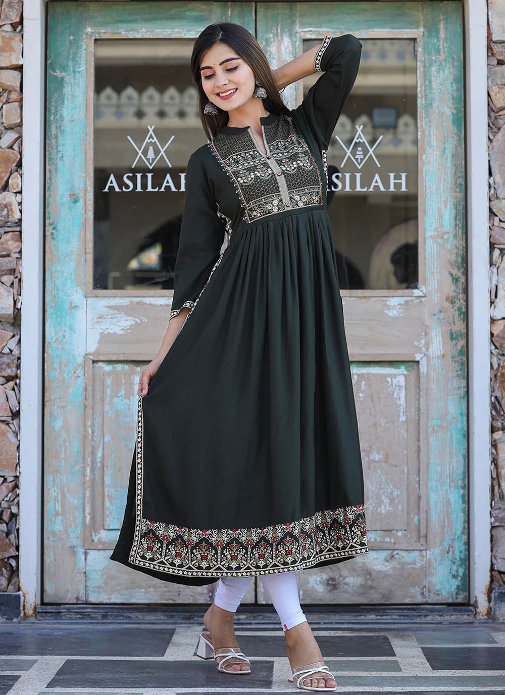 Party Wear Kurti Rayon Green Embroidered Kurtis