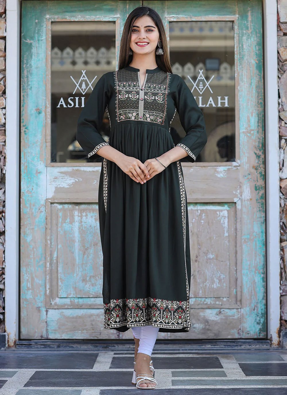 Party Wear Kurti Rayon Green Embroidered Kurtis