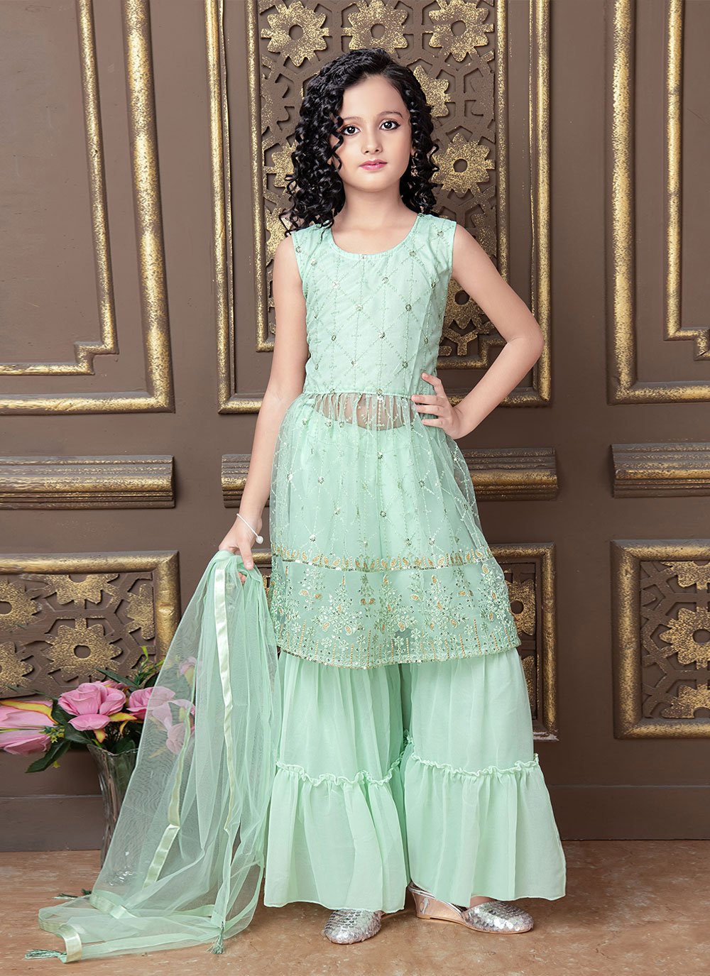 Salwar Suit Net Green Embroidered Kids