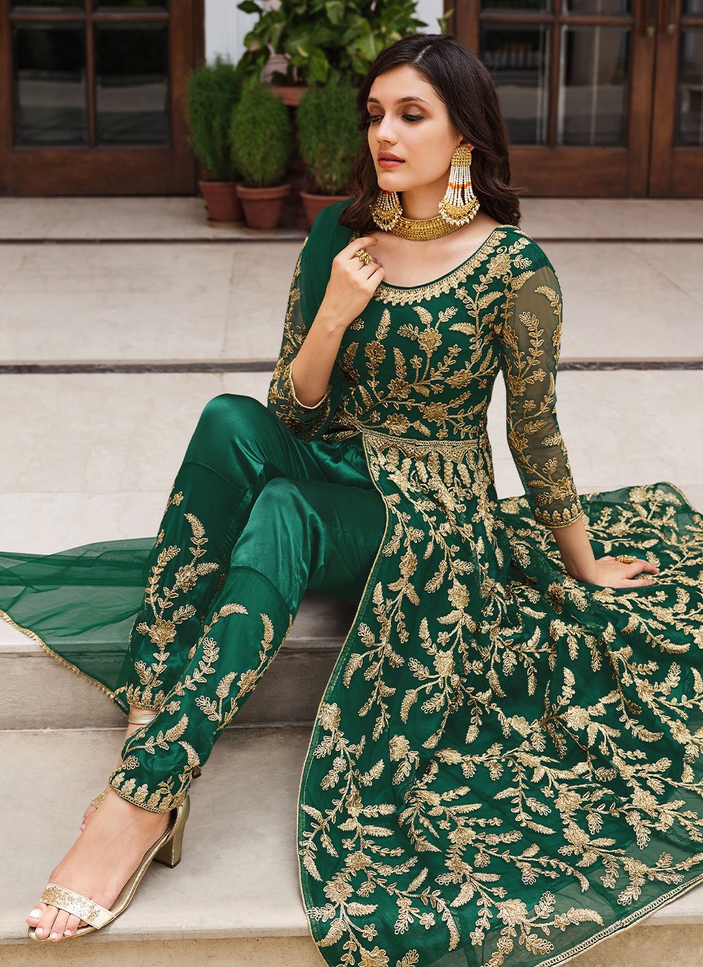 Salwar Suit Net Green Embroidered Salwar Kameez