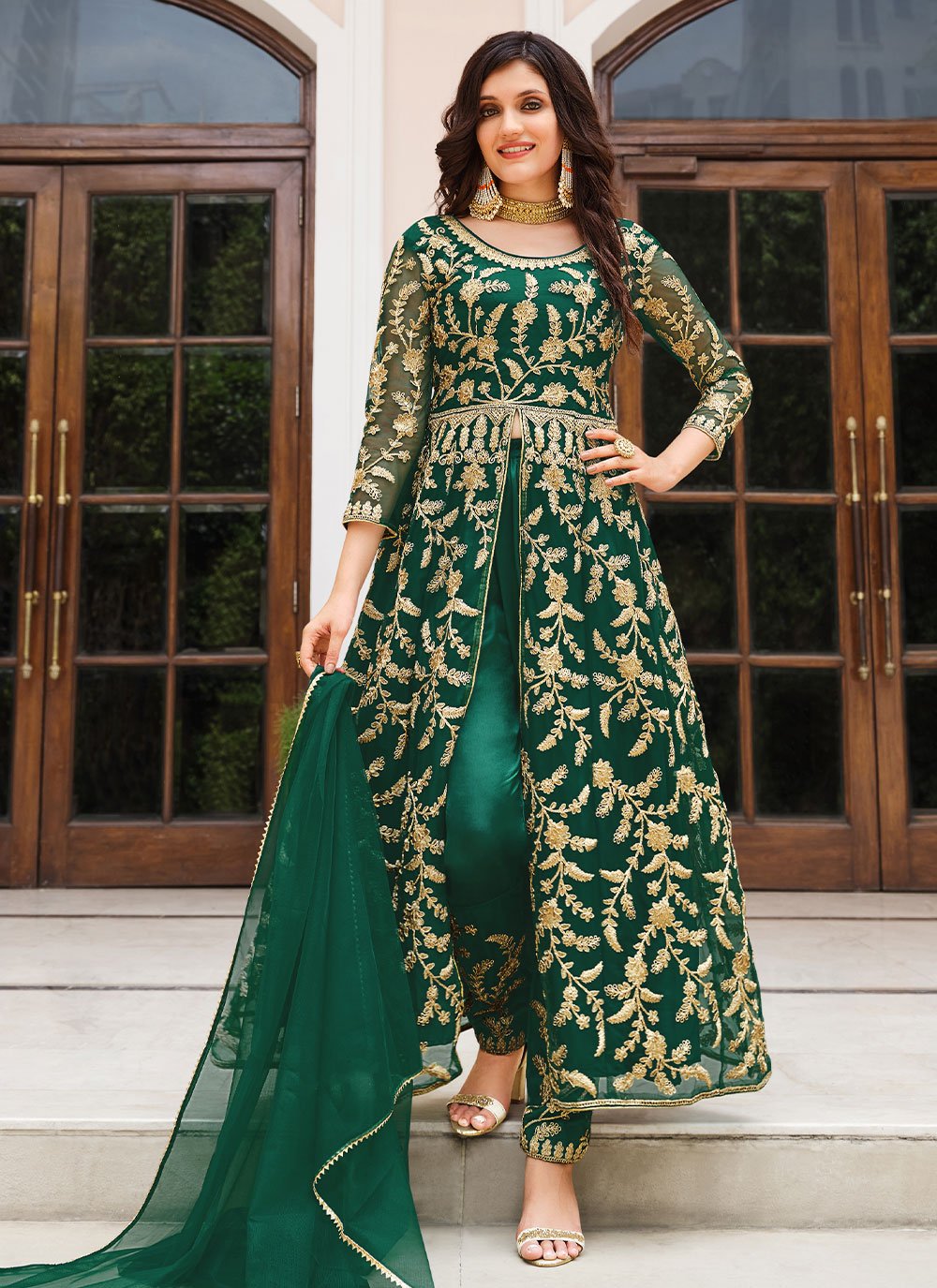 Salwar Suit Net Green Embroidered Salwar Kameez