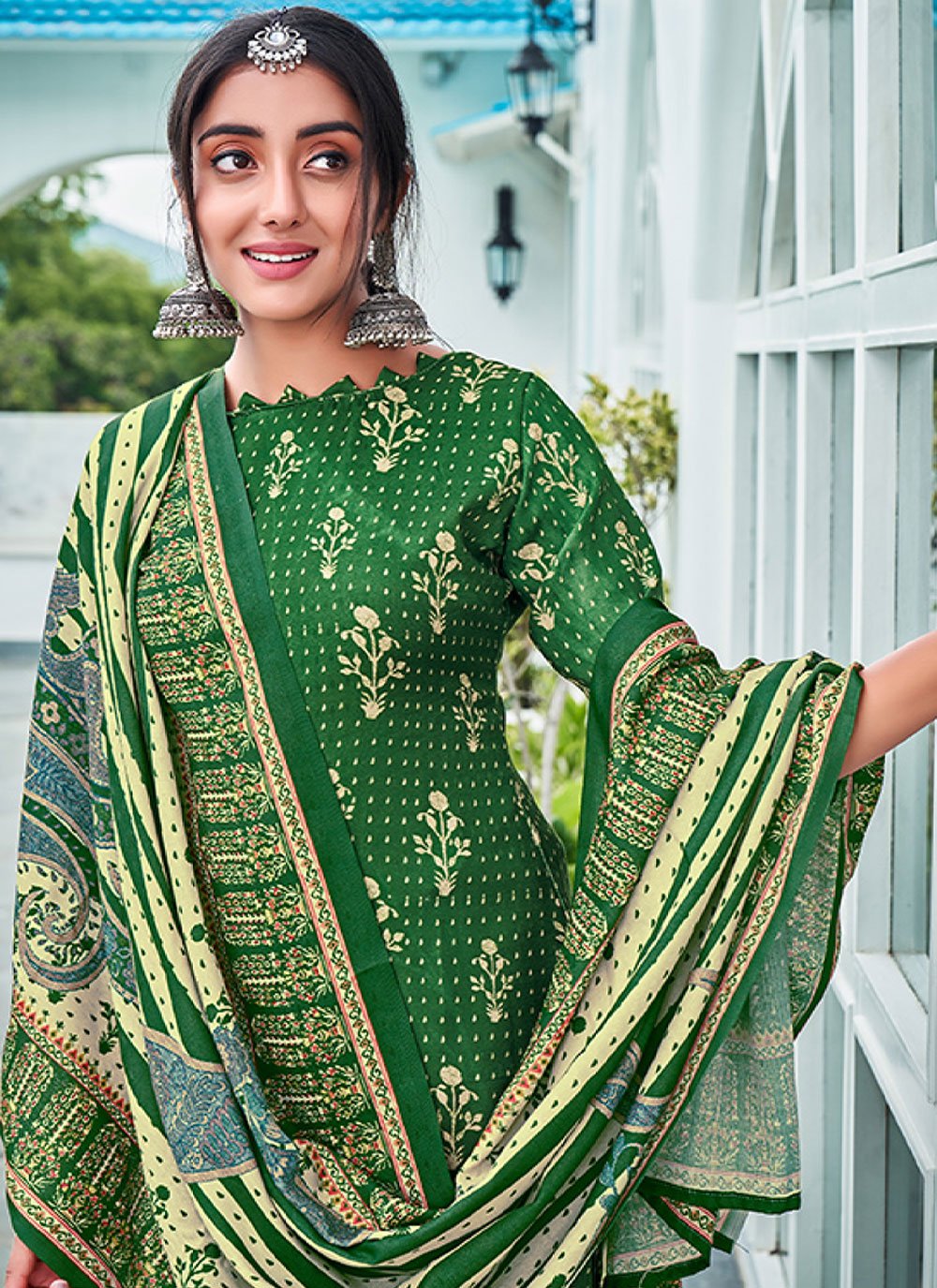 Salwar Suit Pashmina Green Digital Print Salwar Kameez