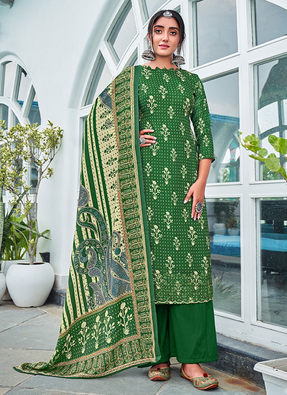 Salwar Suit Pashmina Green Digital Print Salwar Kameez