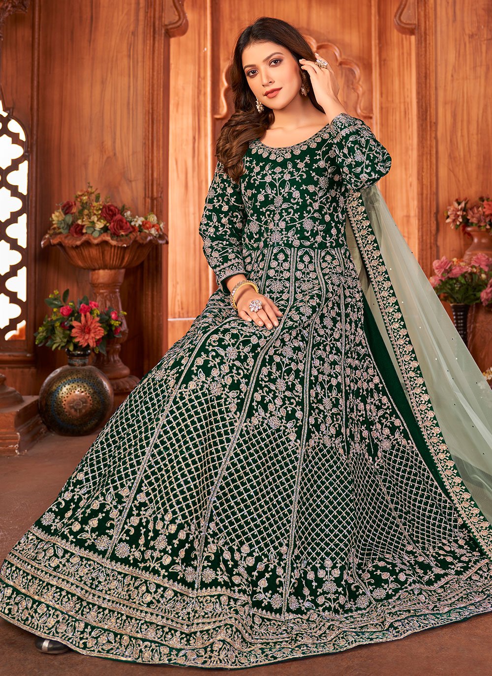 Anarkali Suit Velvet Green Embroidered Salwar Kameez