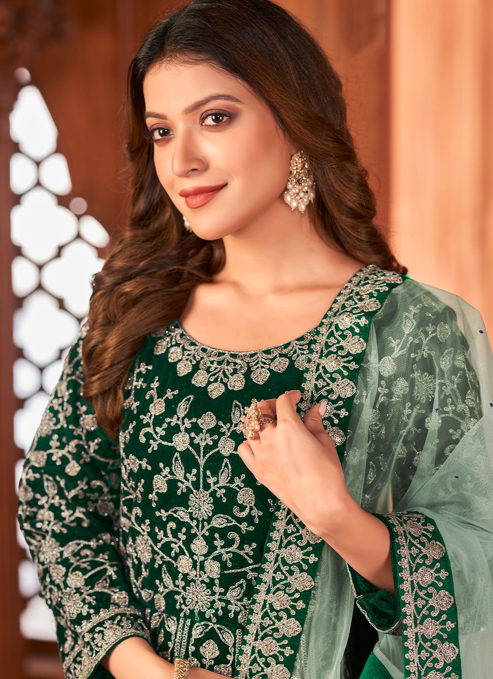 Anarkali Suit Velvet Green Embroidered Salwar Kameez