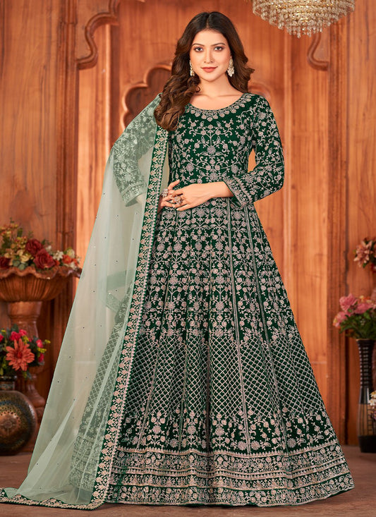 Anarkali Suit Velvet Green Embroidered Salwar Kameez