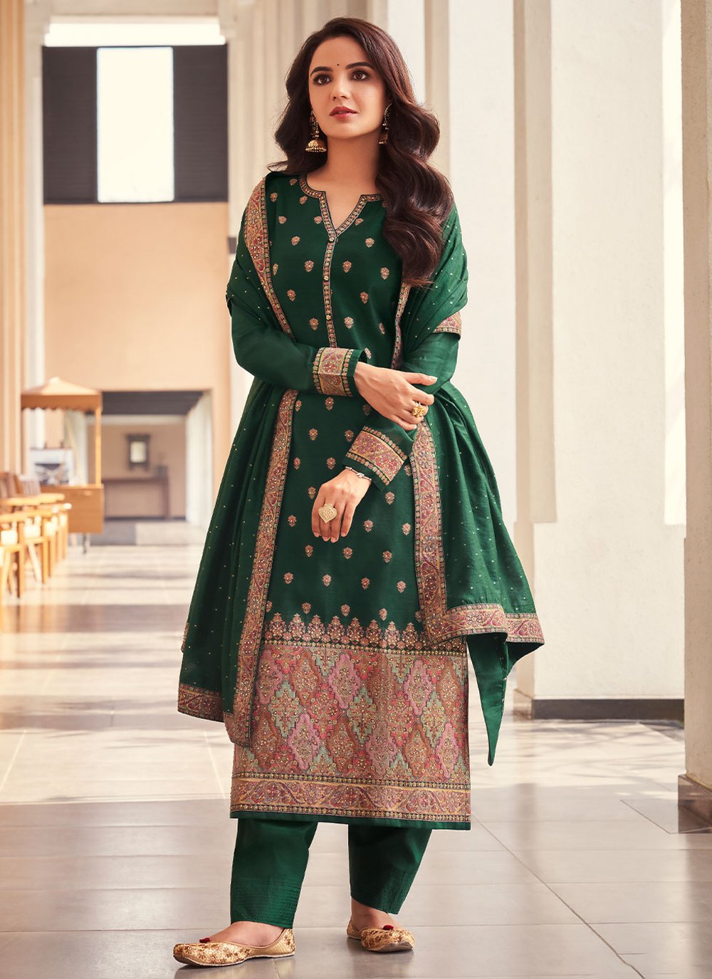 Bollywood Replica Salwar Kameez Jacquard Green Embroidered Salwar Kameez