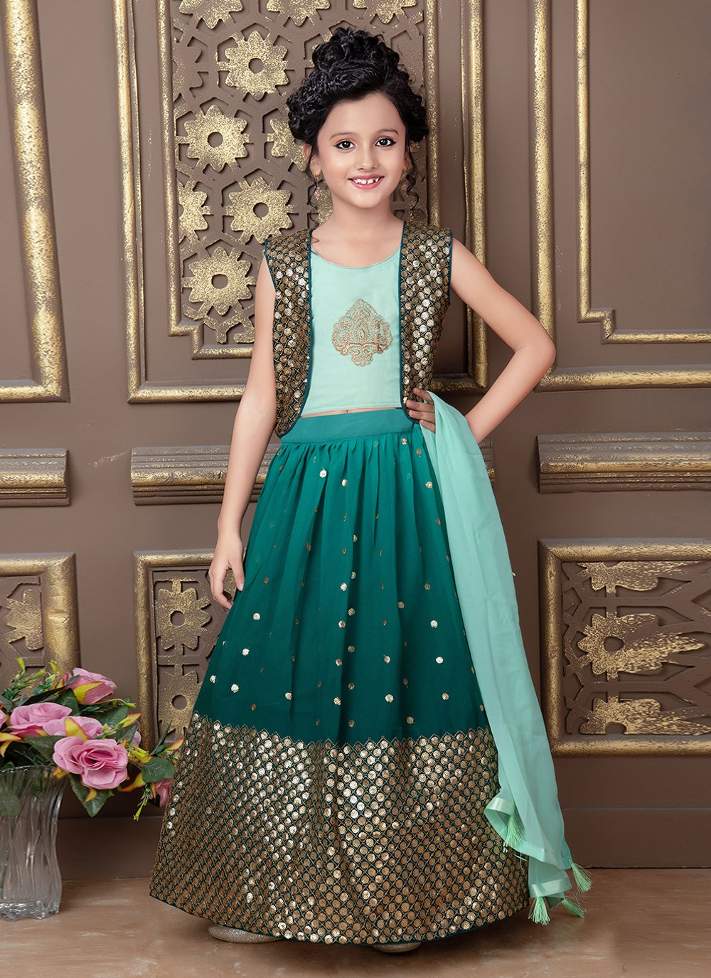 Lehenga Choli Georgette Green Embroidered Kids