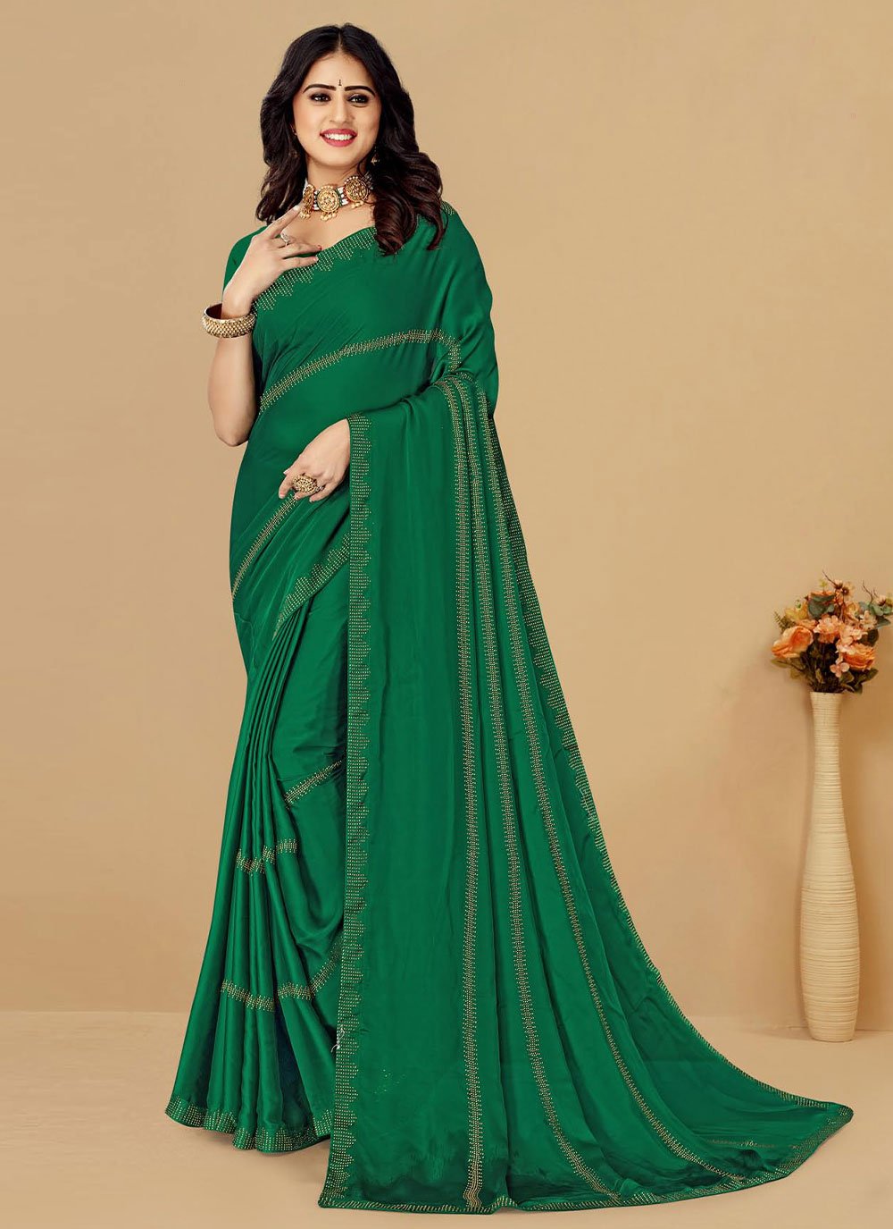 Trendy Saree Satin Green Embroidered Saree