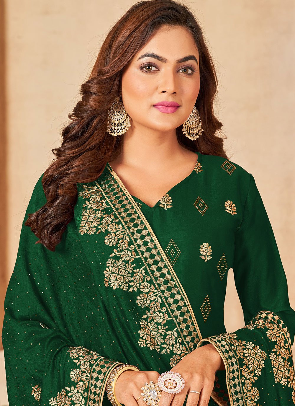 Straight Salwar Suit Velvet Viscose Green Diamond Salwar Kameez