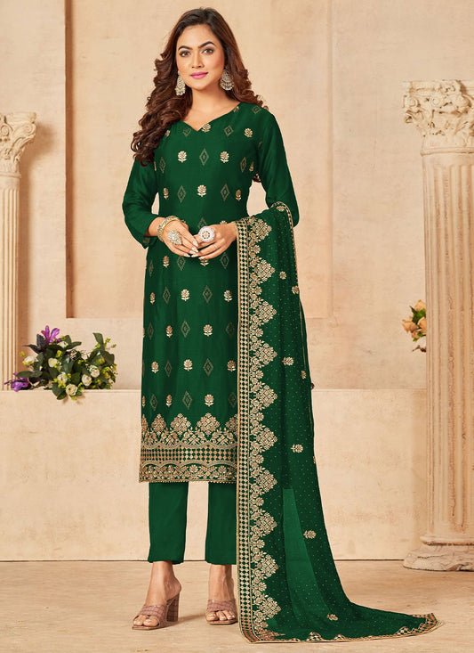 Straight Salwar Suit Velvet Viscose Green Diamond Salwar Kameez