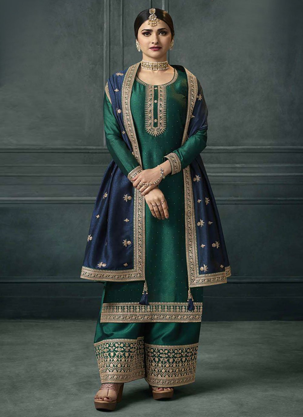 Straight Salwar Suit Georgette Silk Green Embroidered Salwar Kameez