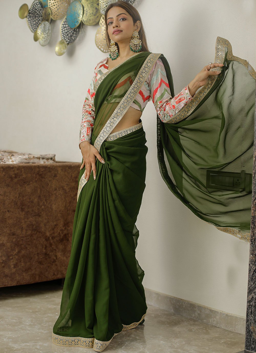 Trendy Saree Georgette Green Embroidered Saree