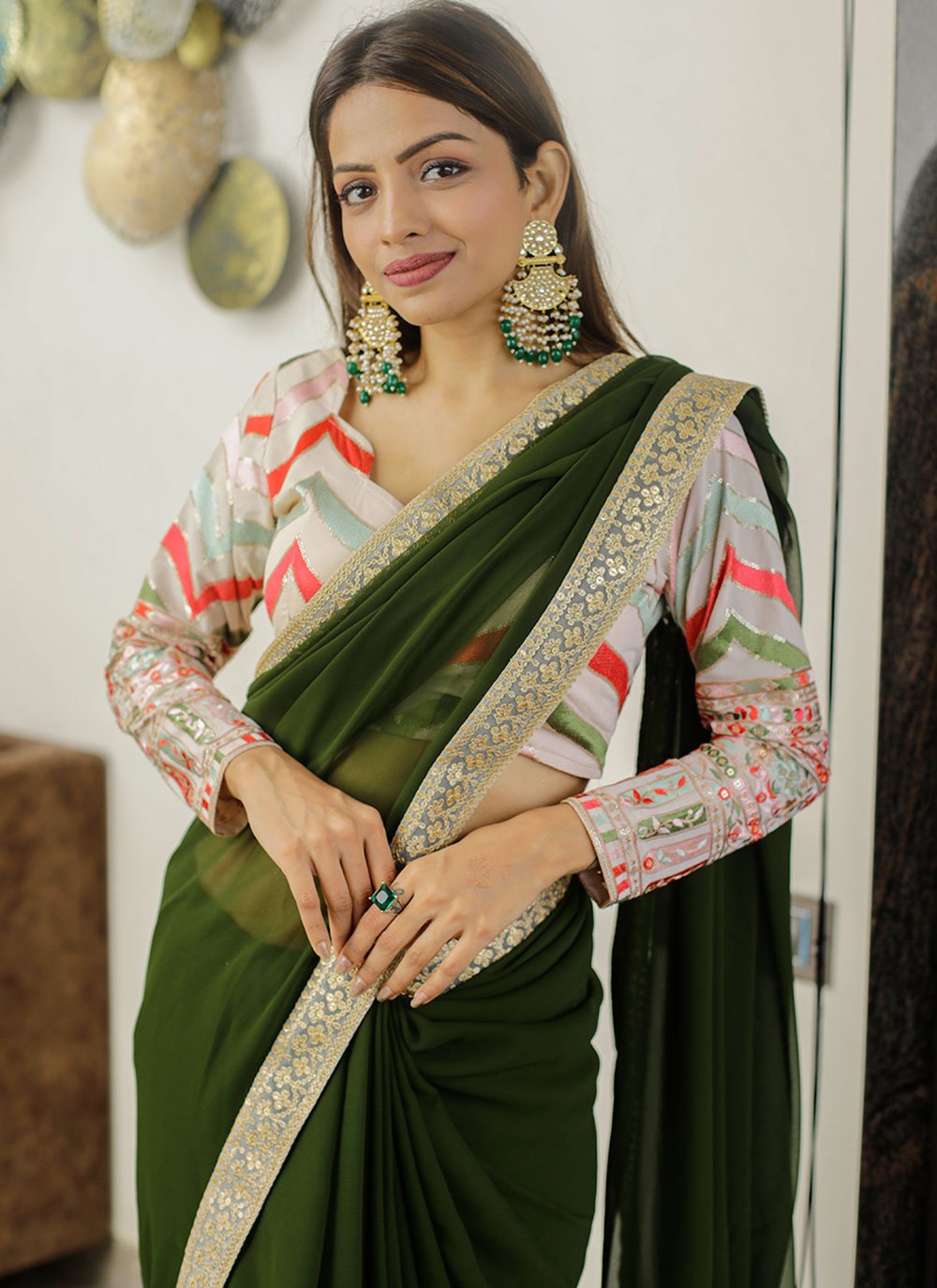 Trendy Saree Georgette Green Embroidered Saree