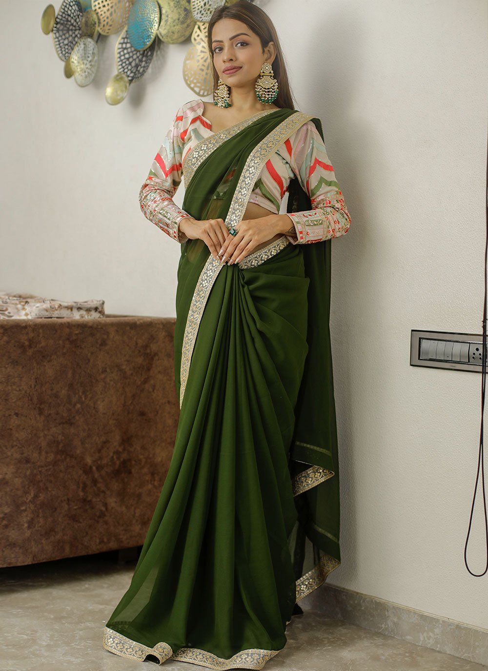 Trendy Saree Georgette Green Embroidered Saree