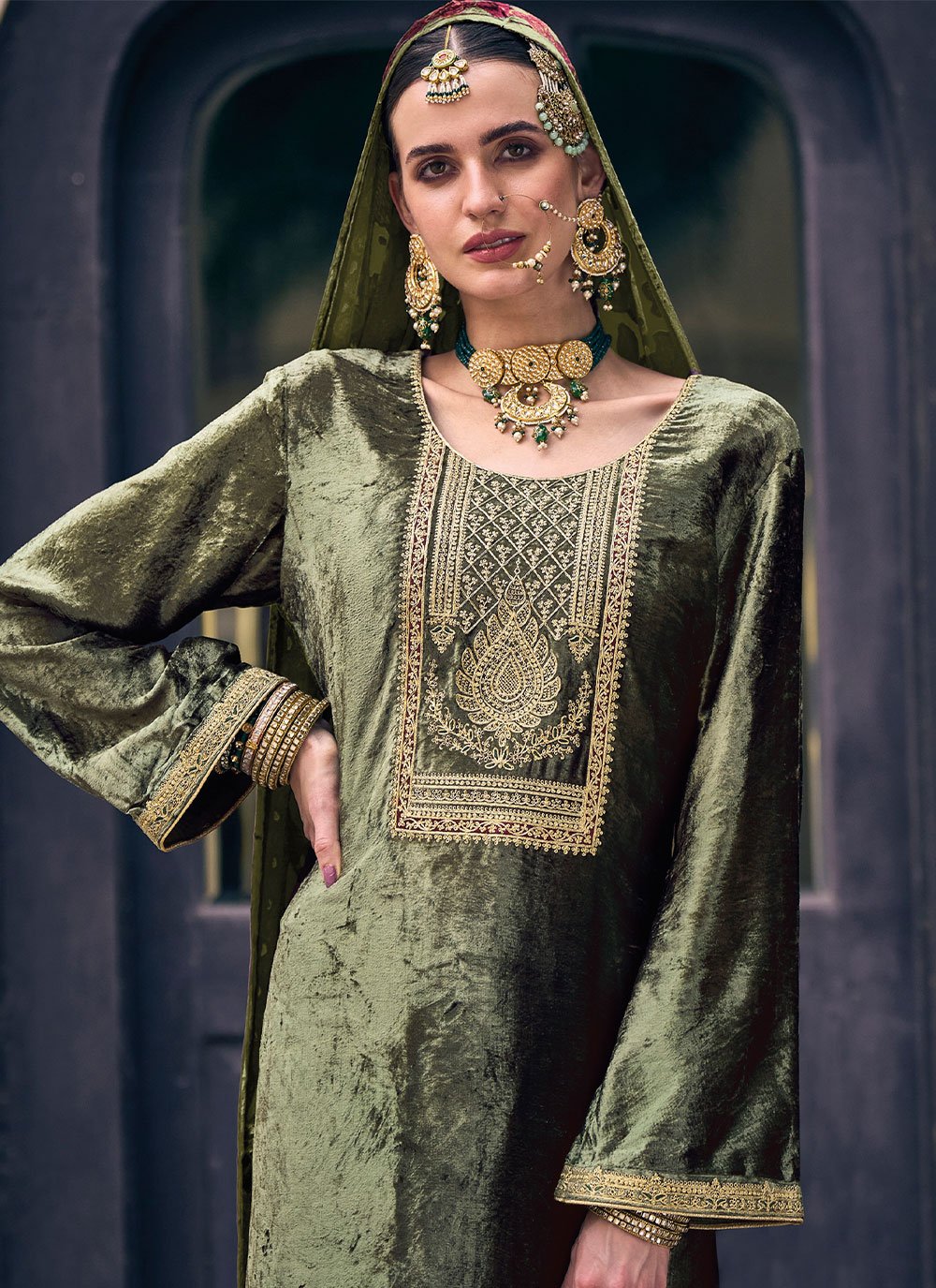 Salwar Suit Velvet Green Embroidered Salwar Kameez