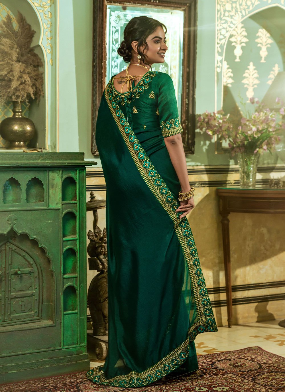 Designer Vichitra Silk Green Embroidered Saree