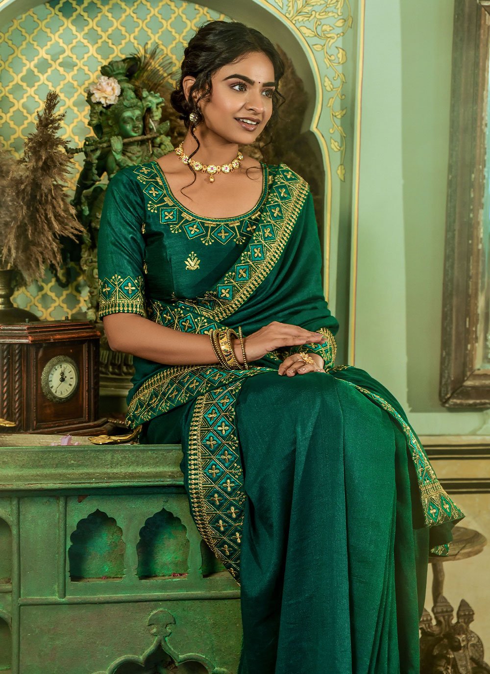 Designer Vichitra Silk Green Embroidered Saree