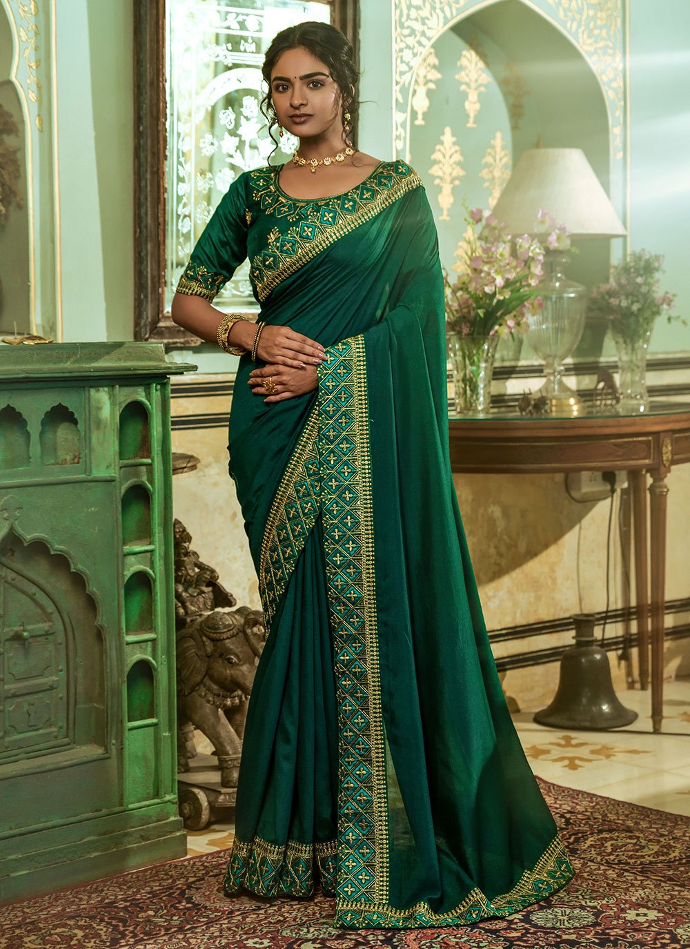 Designer Vichitra Silk Green Embroidered Saree