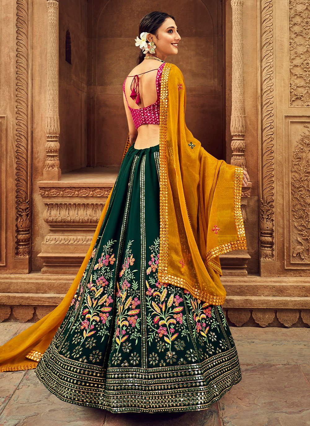 A Line Lehenga Georgette Green Embroidered Lehenga Choli