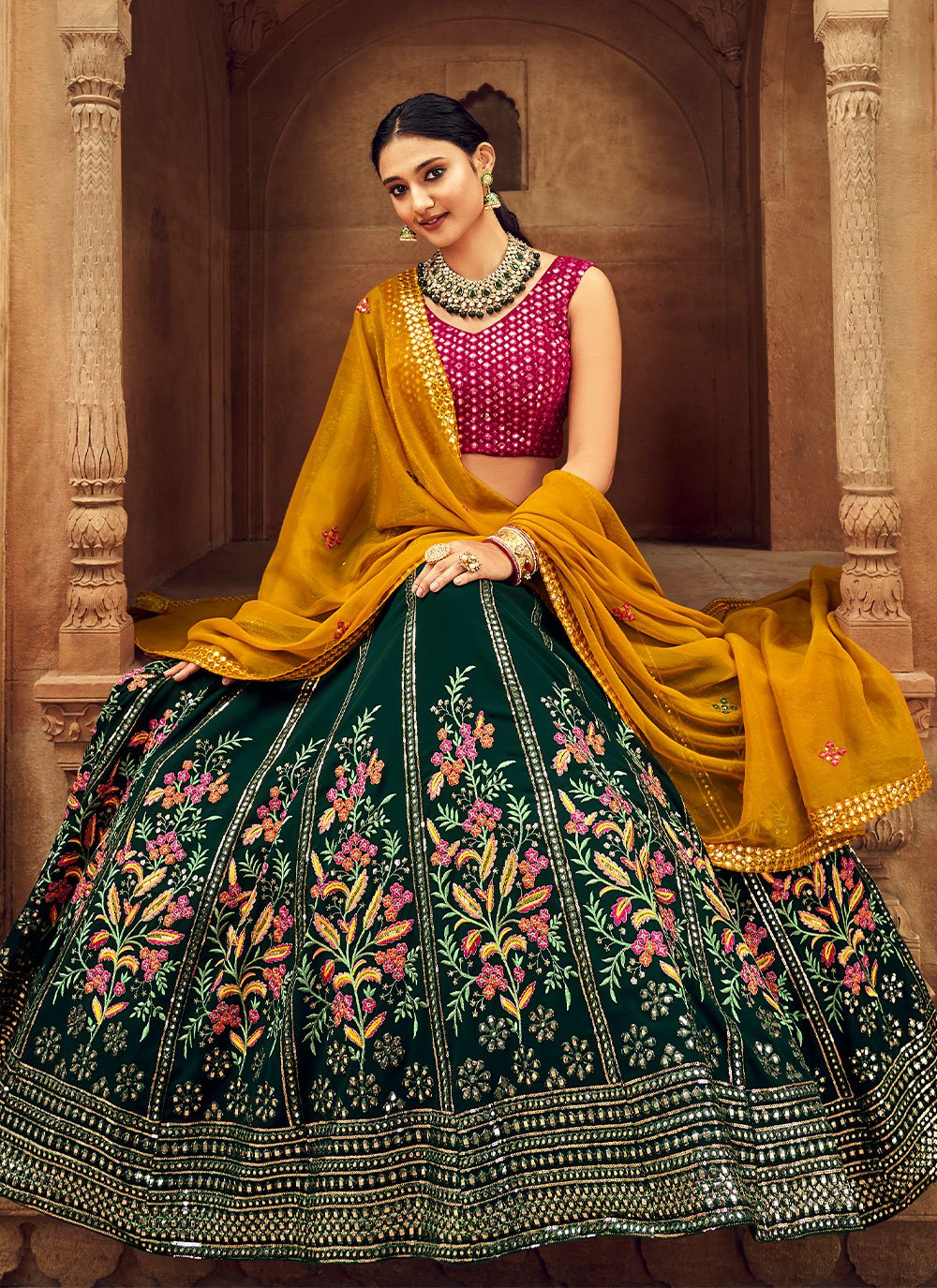 A Line Lehenga Georgette Green Embroidered Lehenga Choli