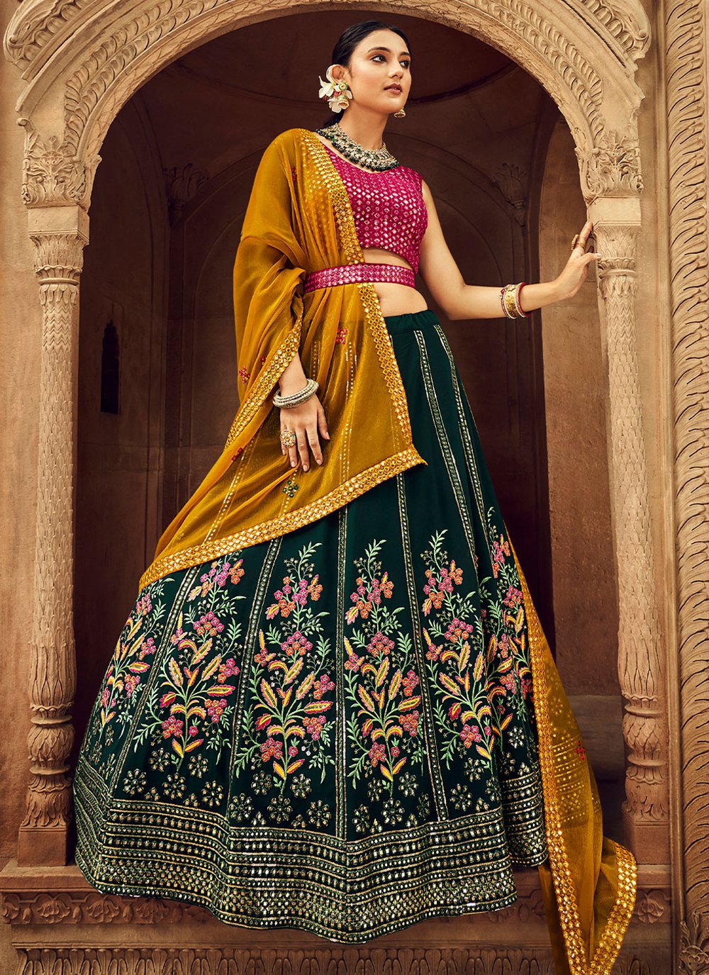 A Line Lehenga Georgette Green Embroidered Lehenga Choli