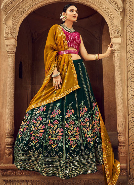 A Line Lehenga Georgette Green Embroidered Lehenga Choli