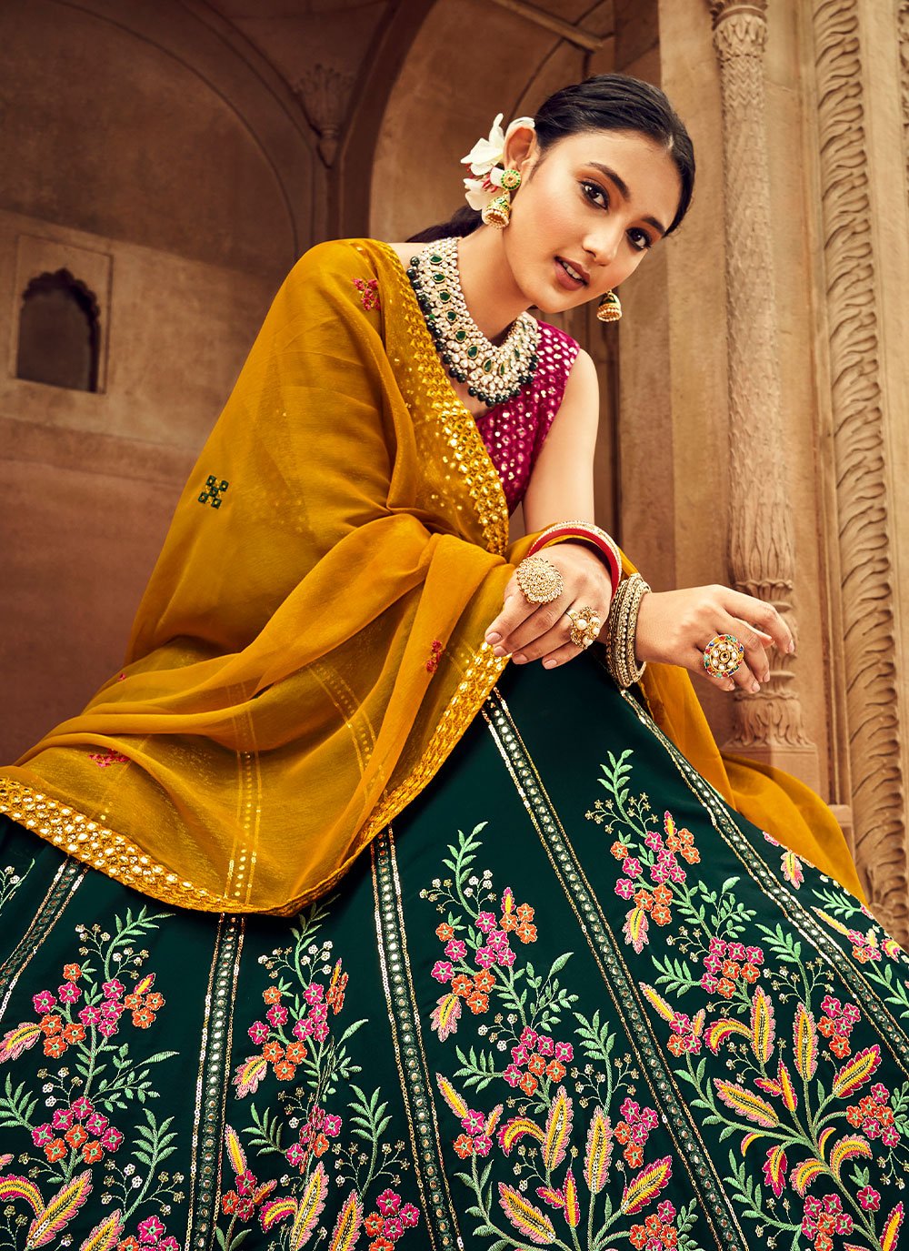 A Line Lehenga Georgette Green Embroidered Lehenga Choli