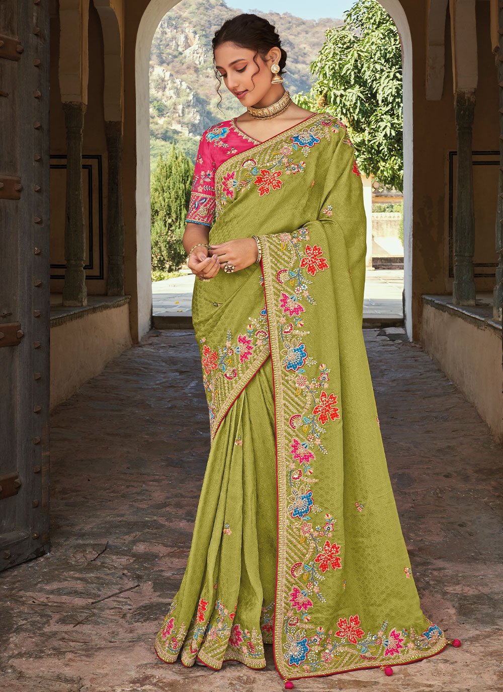 Contemporary Organza Tissue Green Embroidered Saree