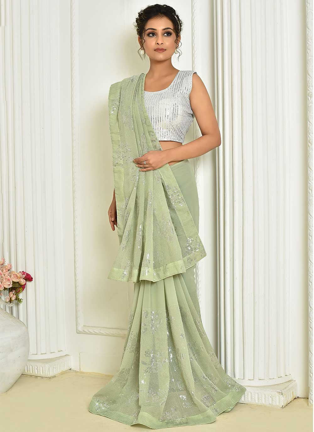 Designer Georgette Green Embroidered Saree