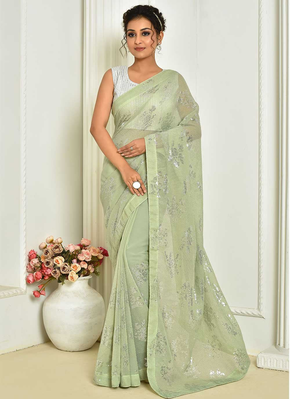 Designer Georgette Green Embroidered Saree