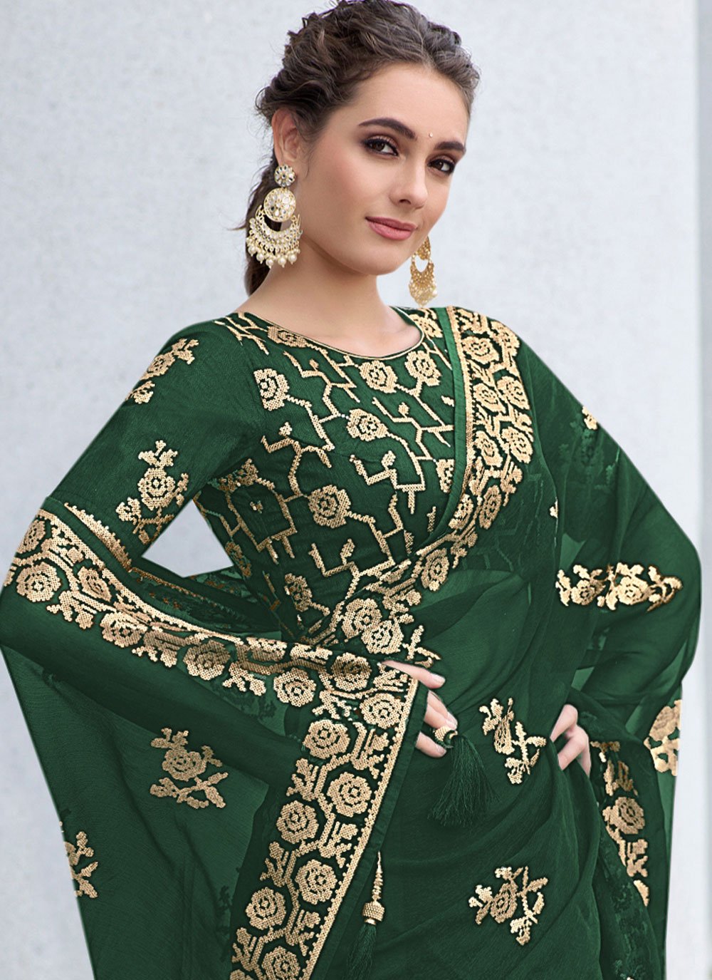 Contemporary Shimmer Green Embroidered Saree