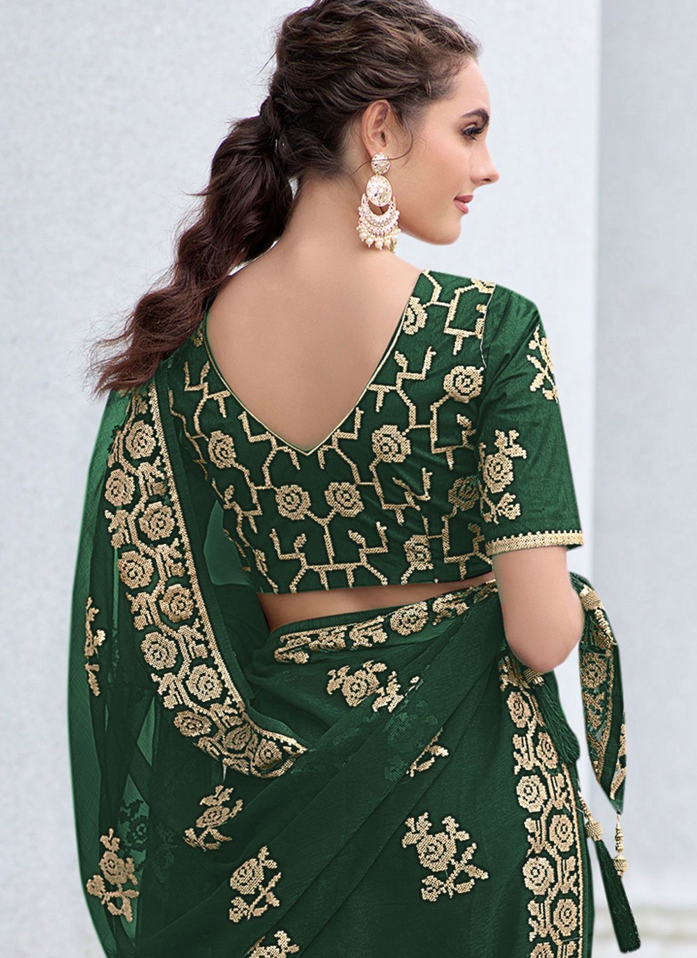 Contemporary Shimmer Green Embroidered Saree