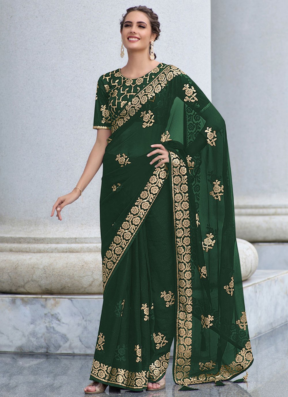 Contemporary Shimmer Green Embroidered Saree