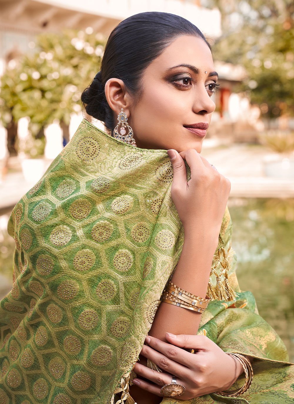 Contemporary Jacquard Silk Green Print Saree