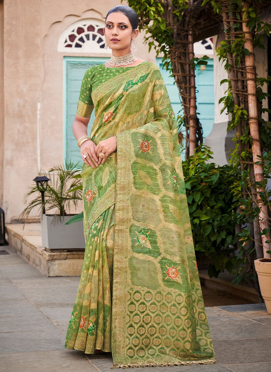 Contemporary Jacquard Silk Green Print Saree