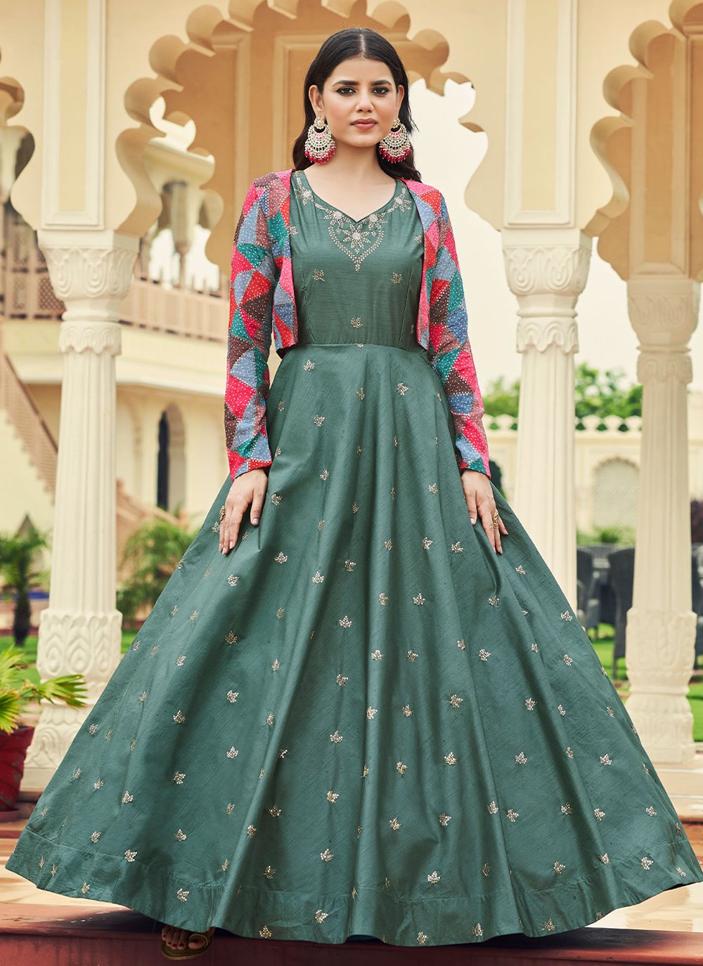 Gown Cotton Green Embroidered Gown