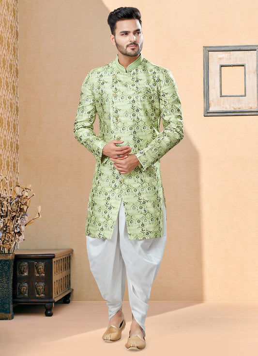 Indo Western Sherwani Jacquard Green Digital Print Mens