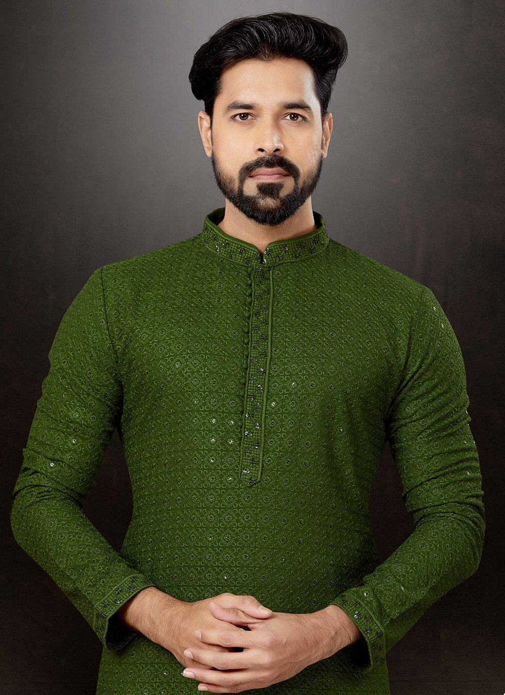 Kurta Pyjama Rayon Green Embroidered Mens