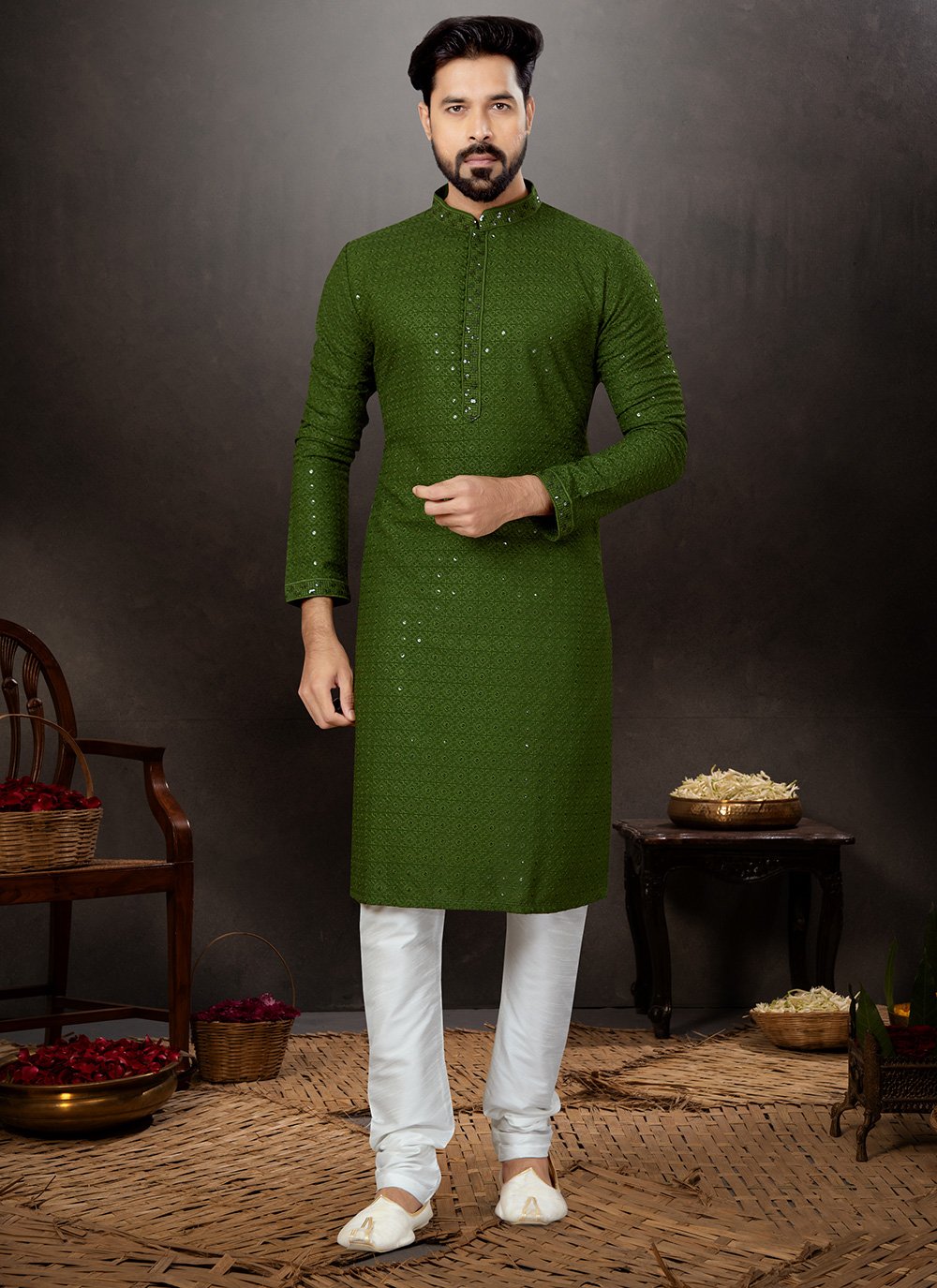 Kurta Pyjama Rayon Green Embroidered Mens