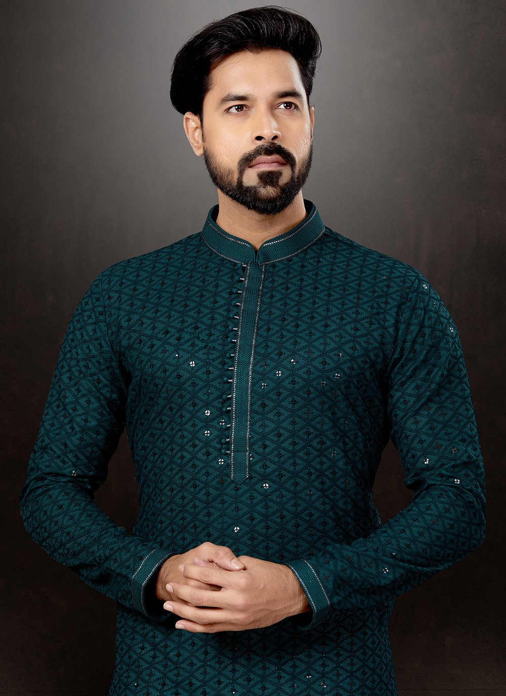 Kurta Pyjama Rayon Green Lucknowi Work Mens