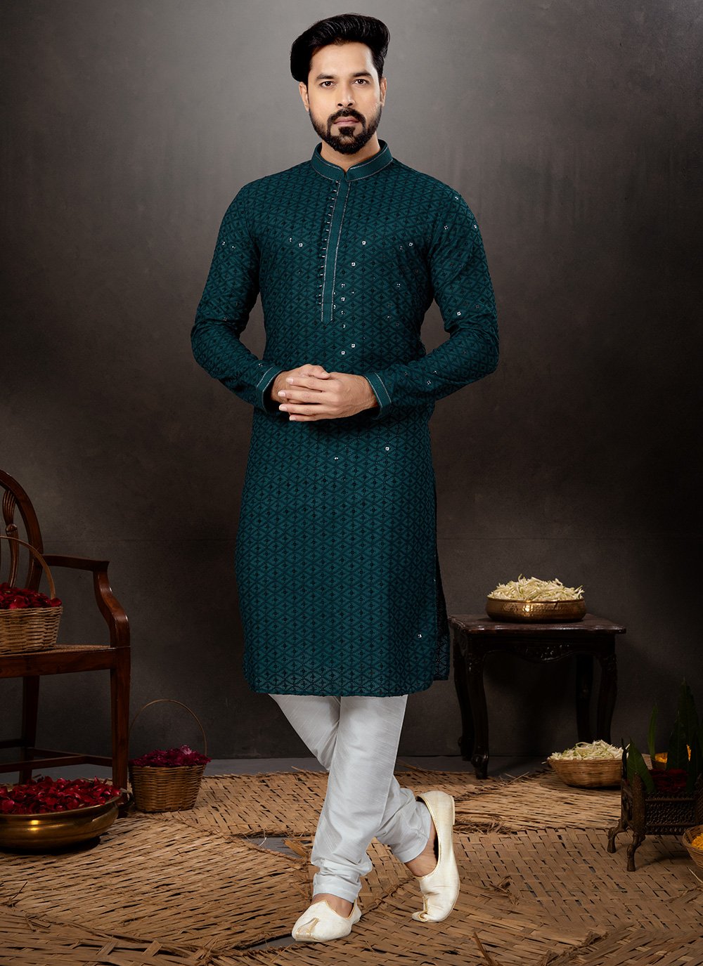 Kurta Pyjama Rayon Green Lucknowi Work Mens