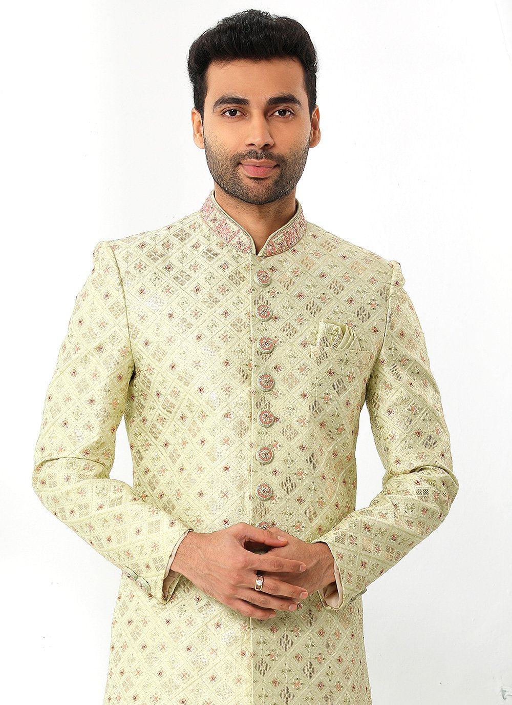 Sherwani Art Silk Green Machine Embroidery Mens