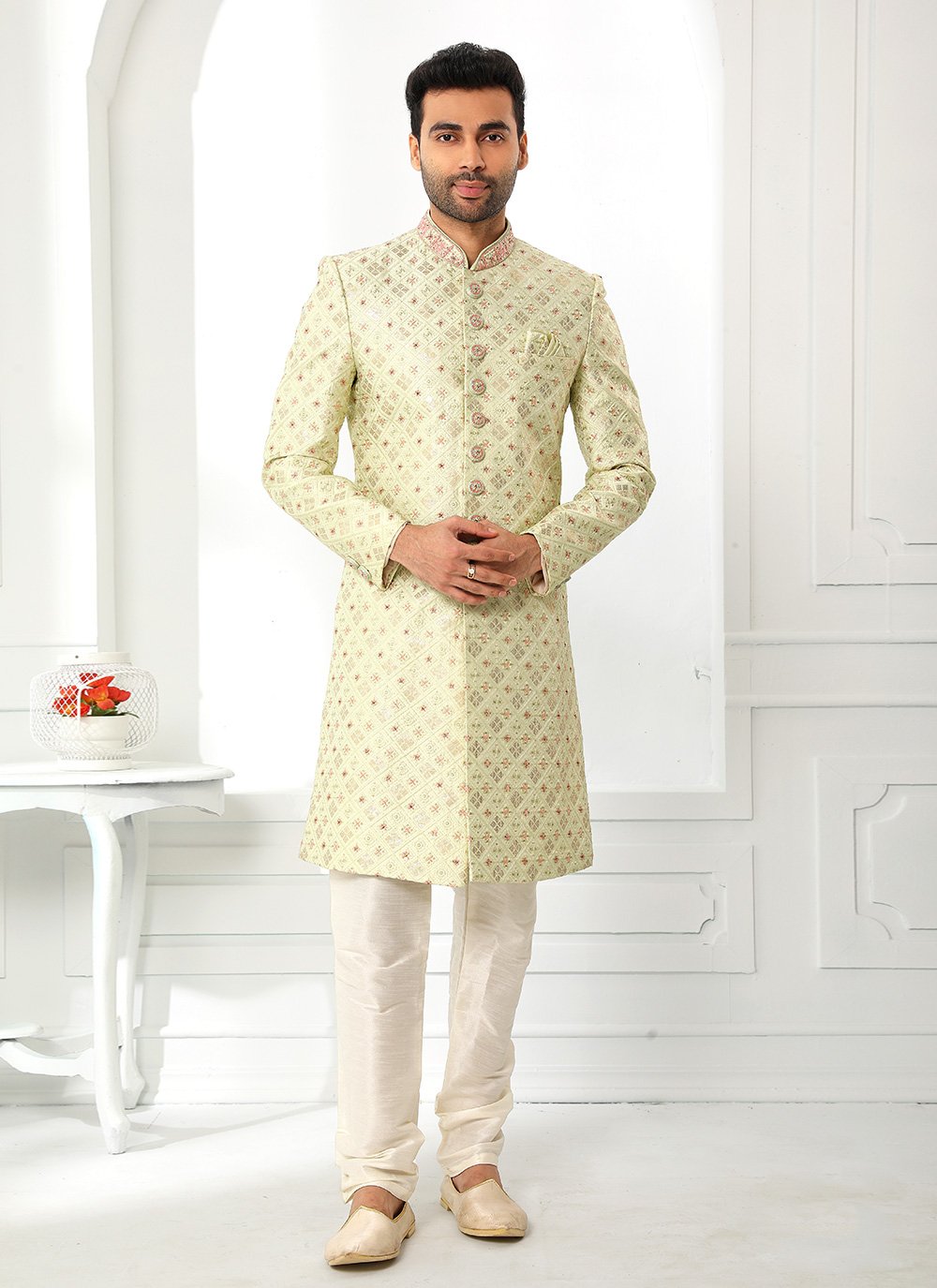 Sherwani Art Silk Green Machine Embroidery Mens