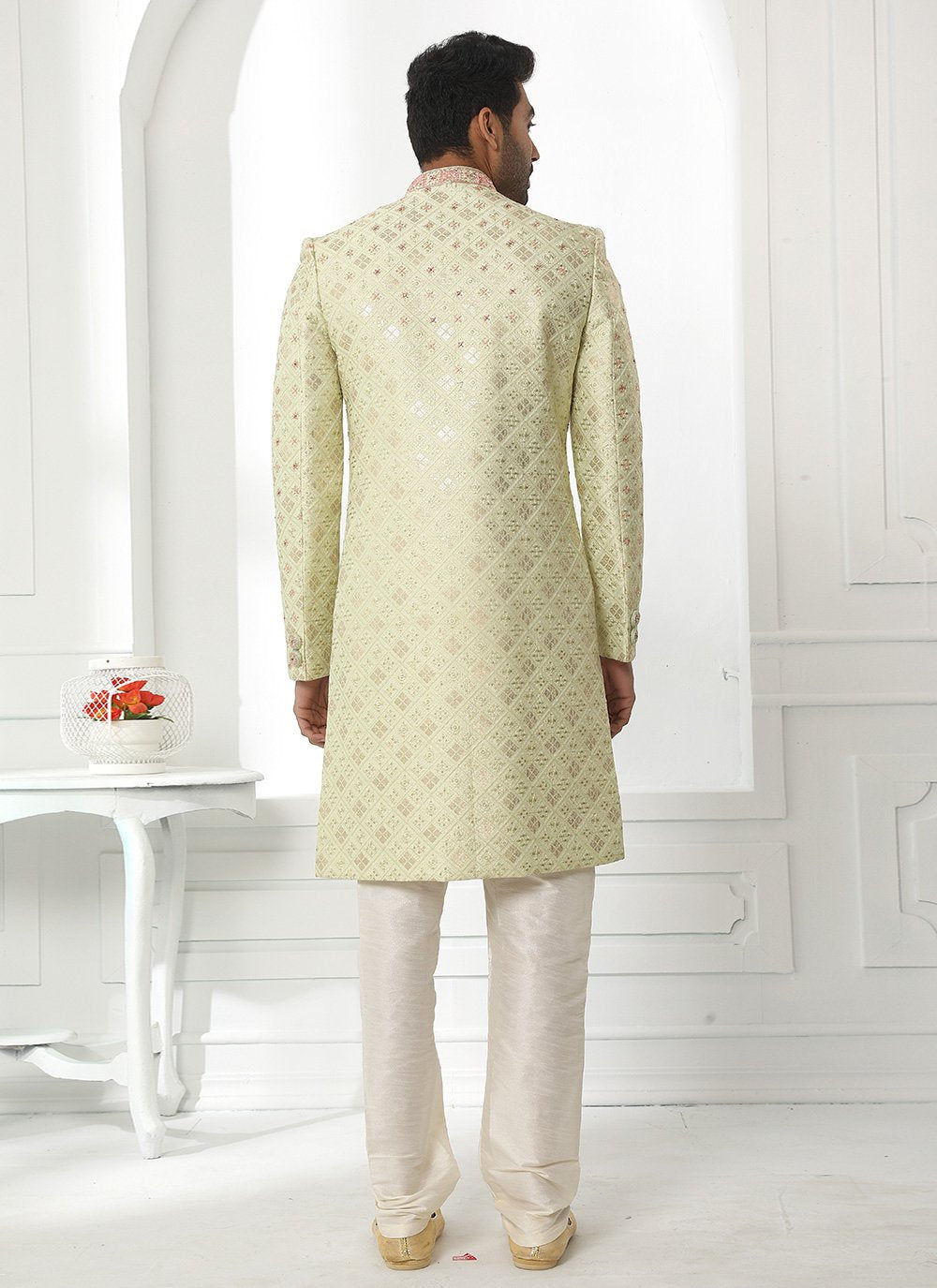 Sherwani Art Silk Green Machine Embroidery Mens