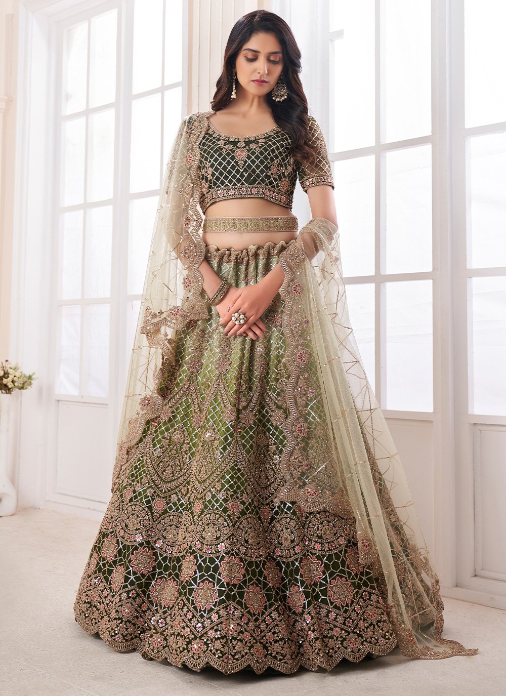 Lehenga Choli Net Green Sequins Lehenga Choli