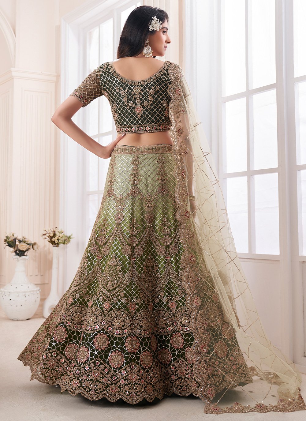 Lehenga Choli Net Green Sequins Lehenga Choli